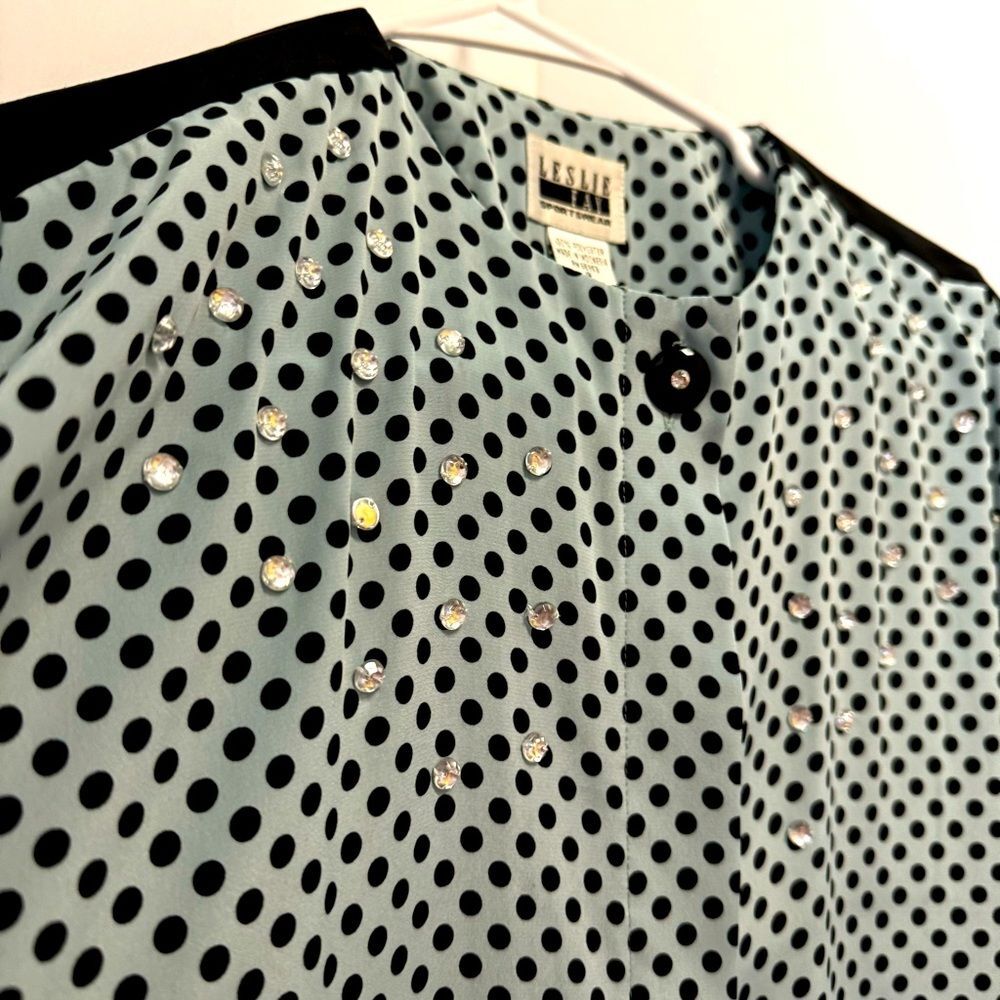 Vintage Leslie Fay Aqua Black Polka Dot Rhinestone Blouse Retro 80s 8 - Picture 3 of 7